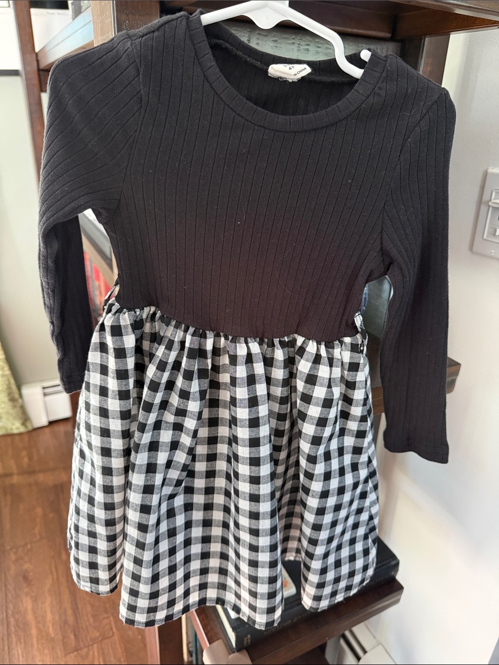 SHEIN Black Ribbed Top with Black & White Gingham Skirt Girls Dress